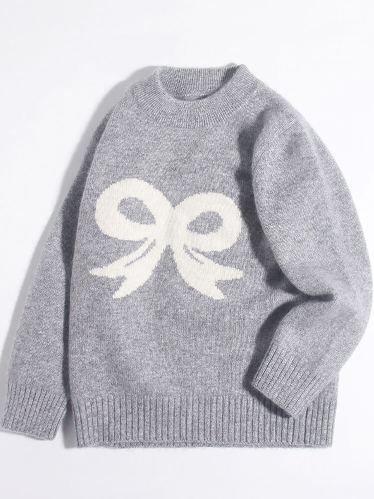 Gray Ribbon Bow Intarsia Cashmere Crewneck Sweater